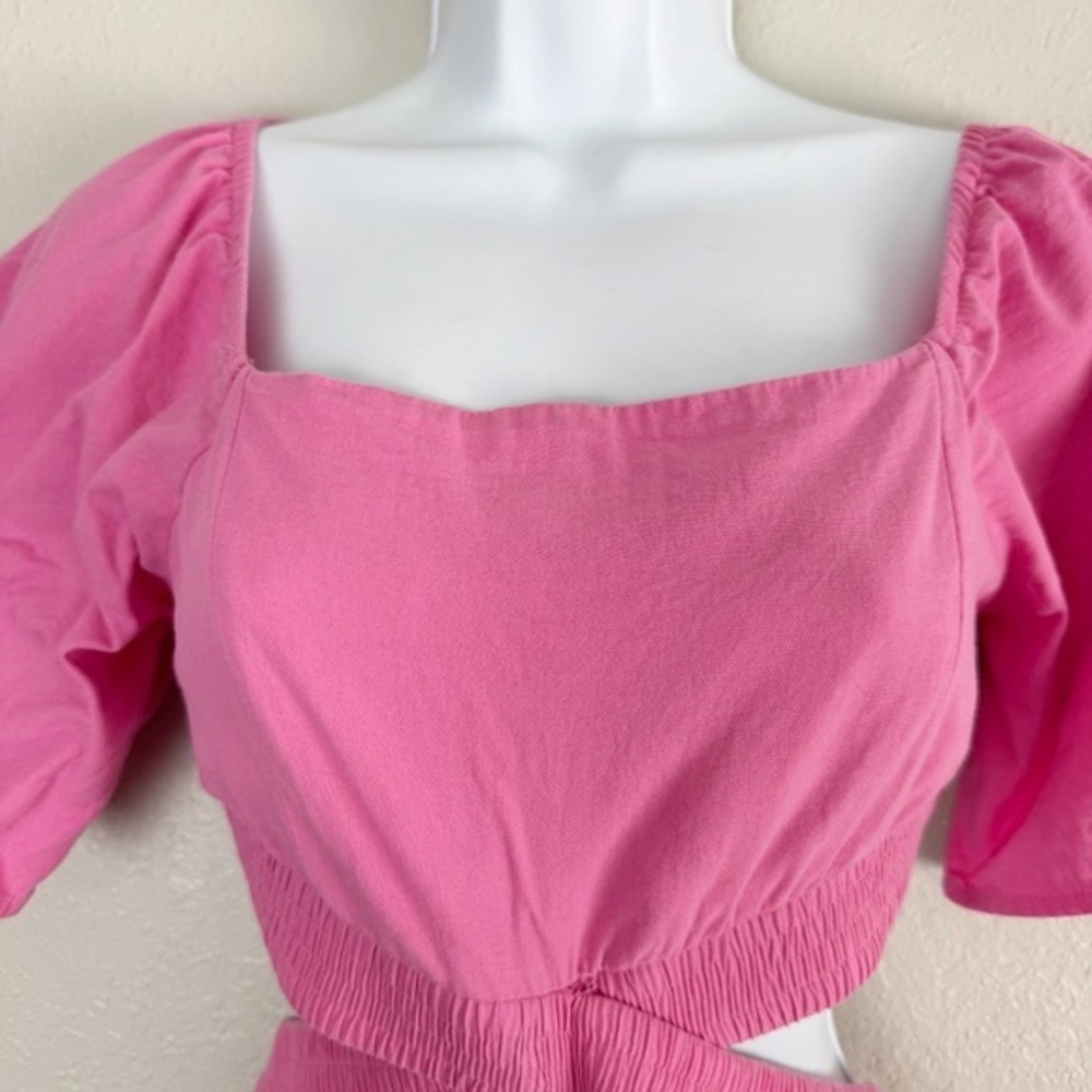 Shy Velvet pink square neck crossover smocked waist cutout mini dress S - Picture 4 of 11